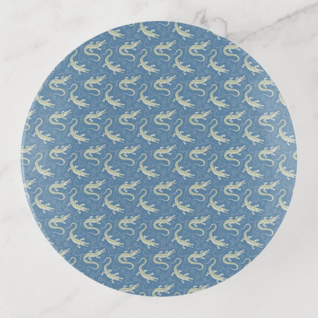 Playful Green Alligator Paisley on Blue Trinket Tray (Front)