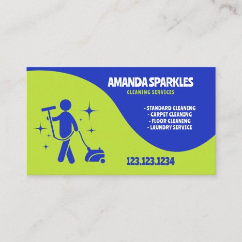 Playful Green  Blue Stick Figure Vacuum Cleaning Business Card