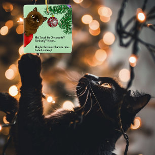 Playful Green Cute Christmas Brown Cat Humor Ceramic Ornament