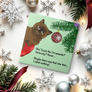 Playful Green Cute Christmas Brown Cat Humor Ceramic Tile