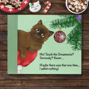 Playful Green Cute Christmas Brown Cat Humor Jigsaw Puzzle