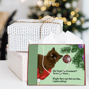 Playful Green Cute Christmas Brown Cat Humor Large Gift Bag
