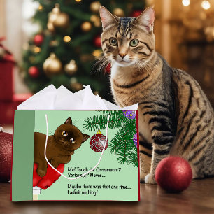 Playful Green Cute Christmas Brown Cat Humor Large Gift Bag