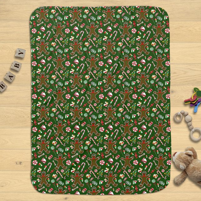 Playful Green Festive Gingerbread Candy Pattern Baby Blanket (Creator Uploaded)