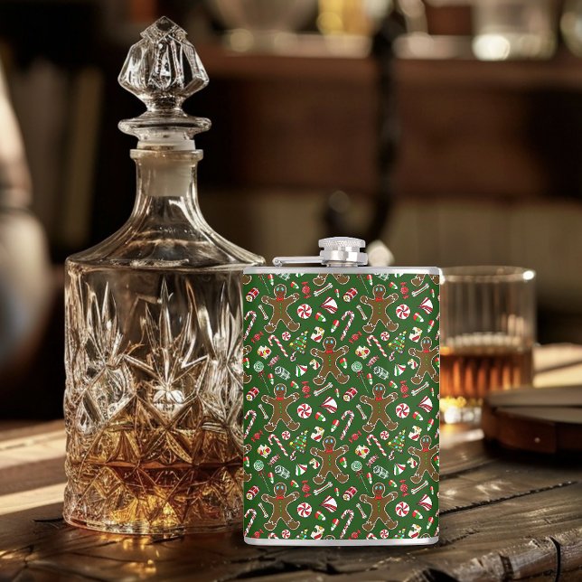 Playful Green Festive Gingerbread Candy Pattern Flask (Creator Uploaded)