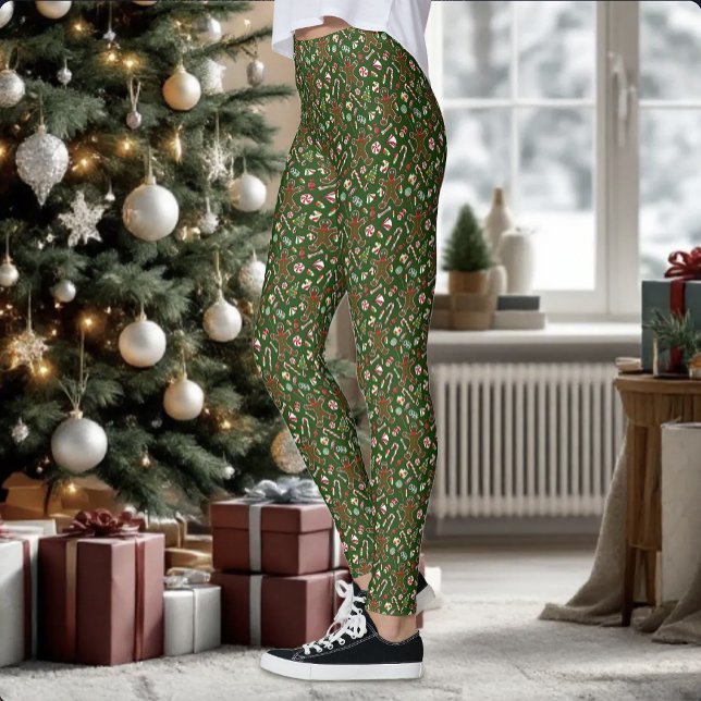 Playful Green Festive Gingerbread Candy Pattern Leggings (Creator Uploaded)