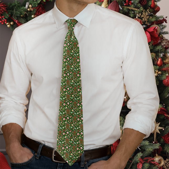 Playful Green Festive Gingerbread Candy Pattern Neck Tie (Creator Uploaded)