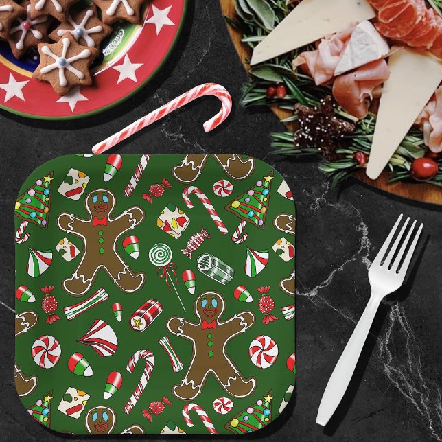 Playful Green Festive Gingerbread Candy Pattern Paper Plates (Creator Uploaded)