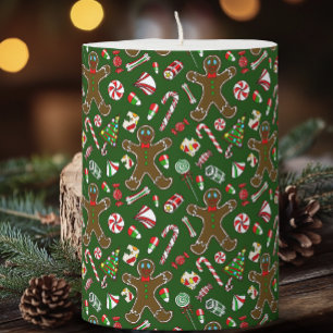 Playful Green Festive Gingerbread Candy Pattern Pillar Candle