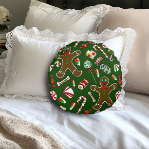 Playful Green Festive Gingerbread Candy Pattern Round Pillow
