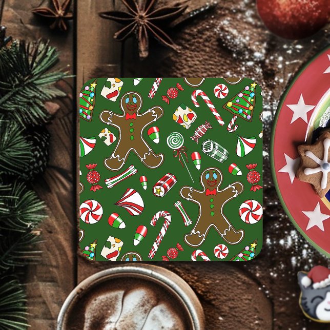 Playful Green Festive Gingerbread Candy Pattern Square Paper Coaster (Creator Uploaded)