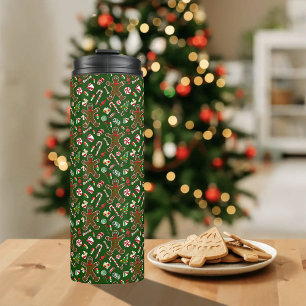 Playful Green Festive Gingerbread Candy Pattern Thermal Tumbler