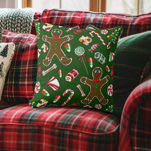Playful Green Festive Gingerbread Candy Pattern Throw Pillow