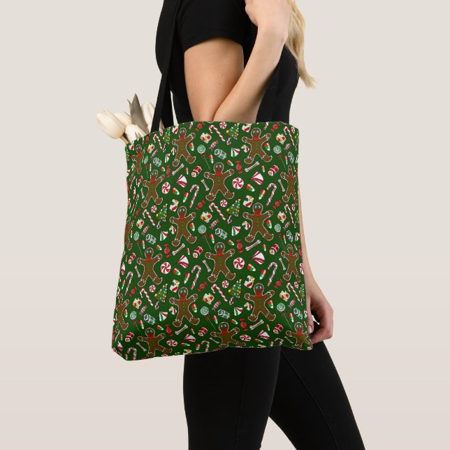 Playful Green Festive Gingerbread Candy Pattern Tote Bag (Close Up)