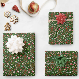 Playful Green Festive Gingerbread Candy Pattern Wrapping Paper Sheets