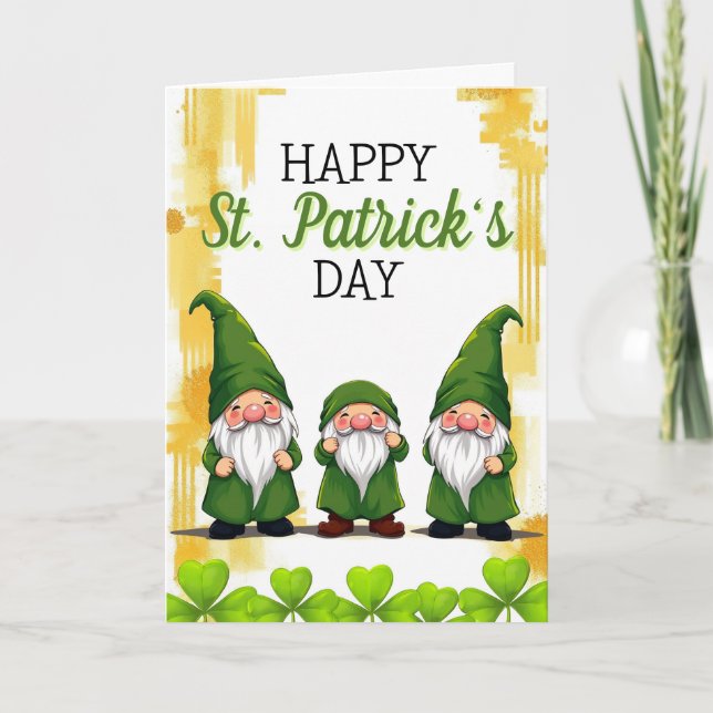 Playful Green Gnomes Shamrocks St Patrick's Day Card (Front)