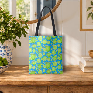 Playful Green Limes Bright Blue Fruit Pattern Tote Bag