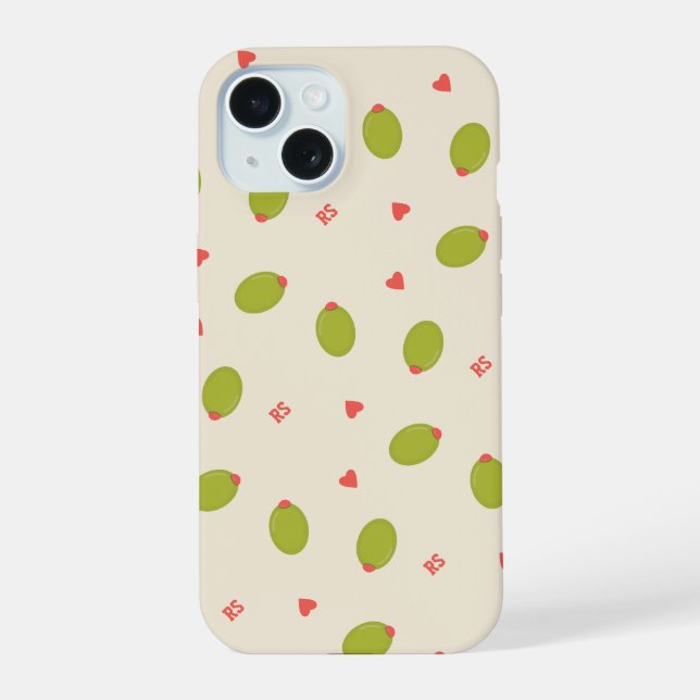 Playful Green Olives, Hearts, & Initials Pattern Iphone Case (Back)
