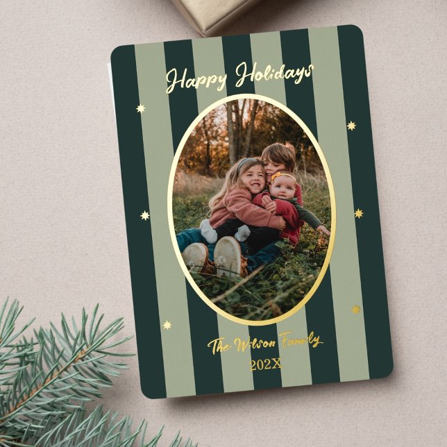 Playful Green Striped Photo Holiday Card (Creator Uploaded)