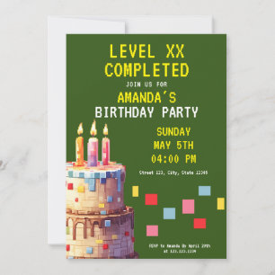 Playful Green & Yellow Pixel Cake Gamer Birthday Invitation