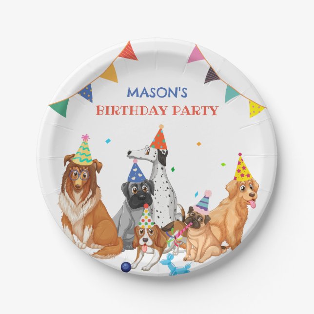 Playful Group of dog breeds party birthday  Paper Plates (Front)
