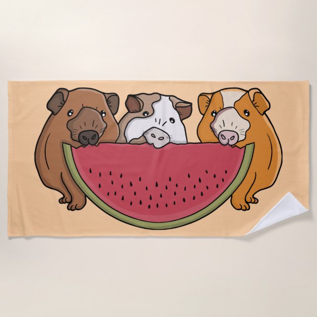 Playful Guinea Pigs and Watermelon Illustration Beach Towel (Front)