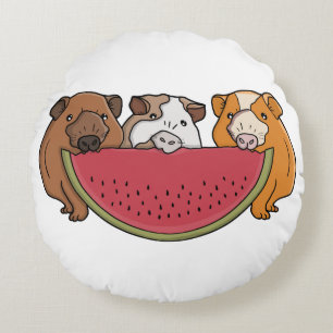 Playful Guinea Pigs and Watermelon Illustration Round Pillow