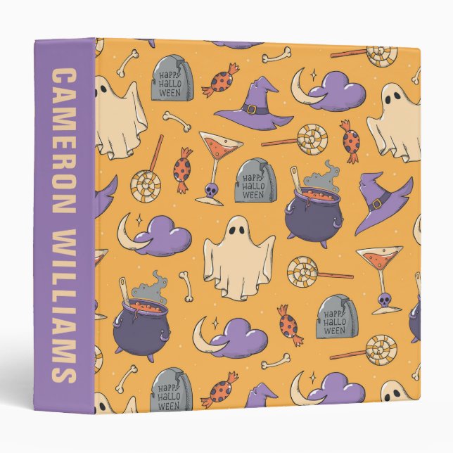 Playful Halloween Ghosts and Witches Pattern 3 Ring Binder (Front/Spine)