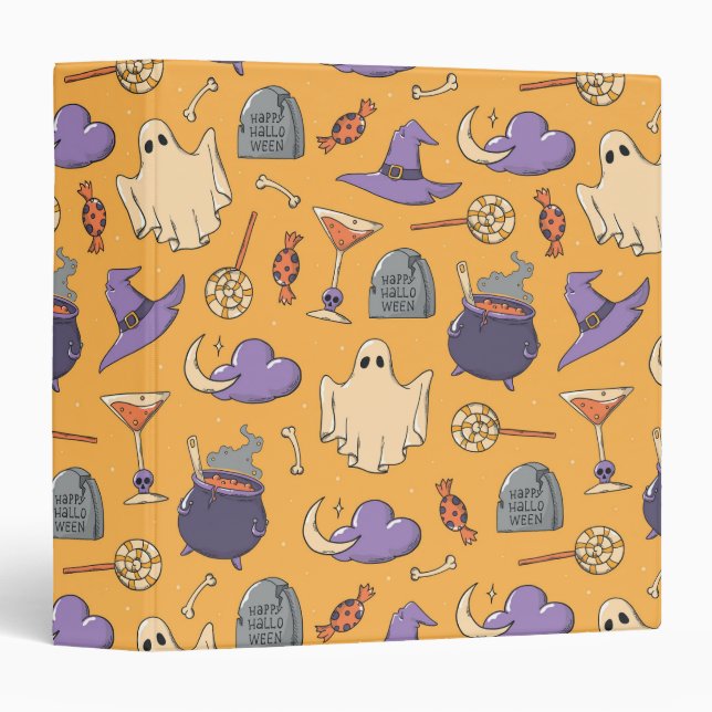 Playful Halloween Ghosts and Witches Pattern 3 Ring Binder (Front/Spine)