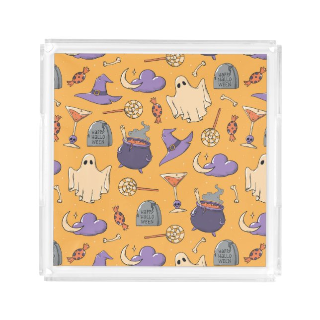 Playful Halloween Ghosts and Witches Pattern Acrylic Tray (Front)