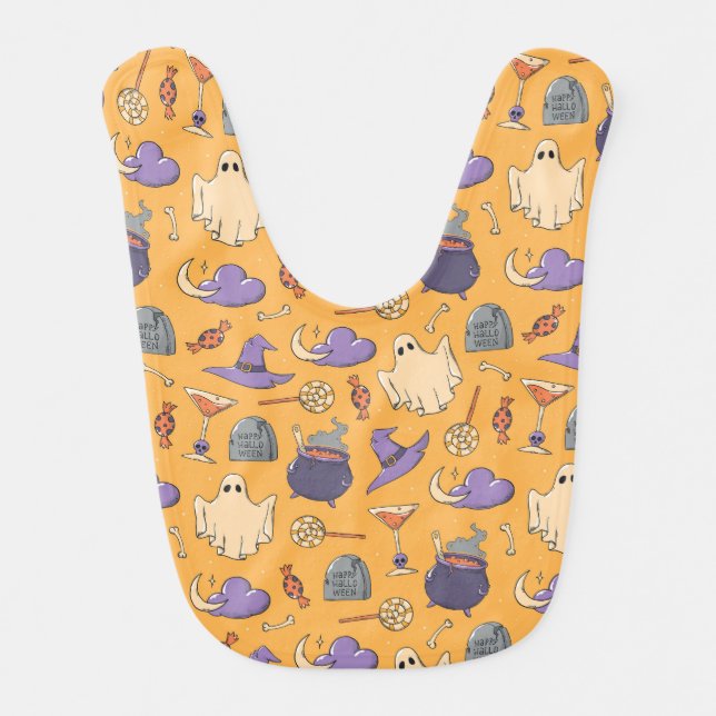 Playful Halloween Ghosts and Witches Pattern Baby Bib (Front)