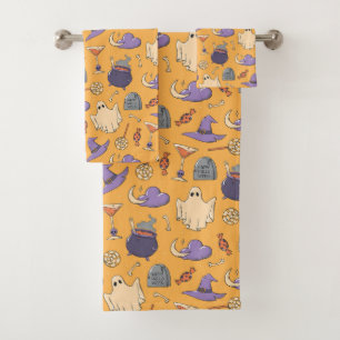 Playful Halloween Ghosts and Witches Pattern Bath Towel Set