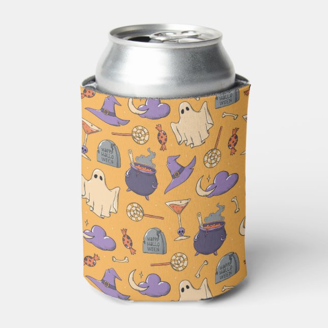 Playful Halloween Ghosts and Witches Pattern Can Cooler (Can Front)