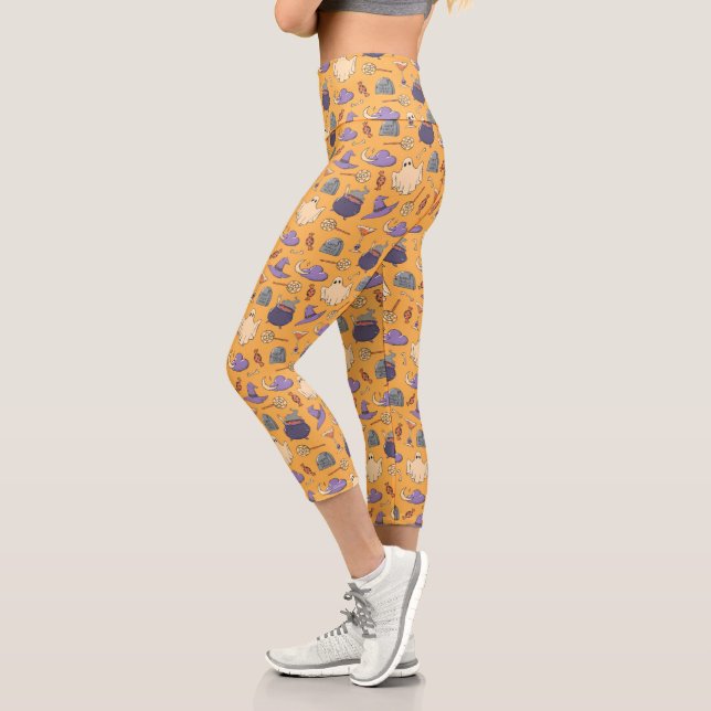 Playful Halloween Ghosts and Witches Pattern Capri Leggings (Left)
