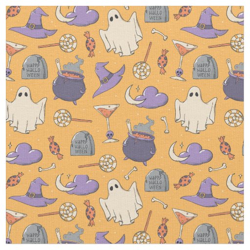 Playful Halloween Ghosts and Witches Pattern Fabric