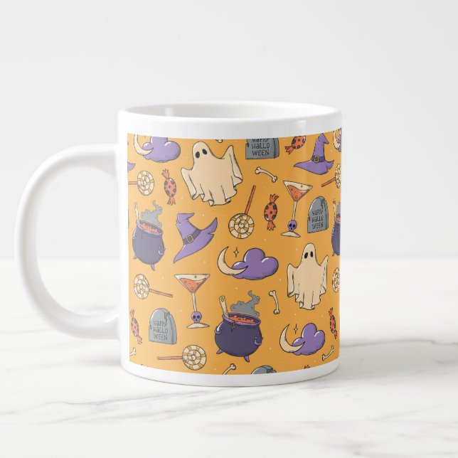 Playful Halloween Ghosts and Witches Pattern Giant Coffee Mug (Left)