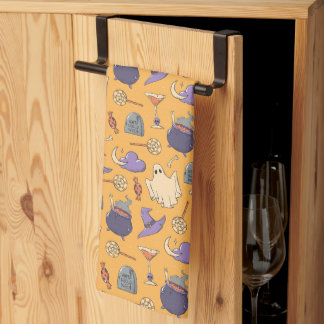 Playful Halloween Ghosts and Witches Pattern Kitchen Towel
