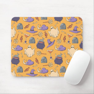 Playful Halloween Ghosts and Witches Pattern Mouse Pad