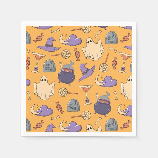 Playful Halloween Ghosts and Witches Pattern Napkins (Front)