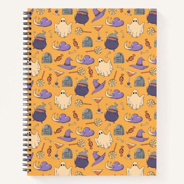 Playful Halloween Ghosts and Witches Pattern Notebook (Front)