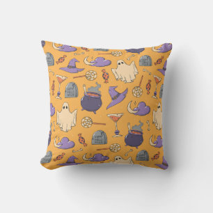 Playful Halloween Ghosts and Witches Pattern Throw Pillow