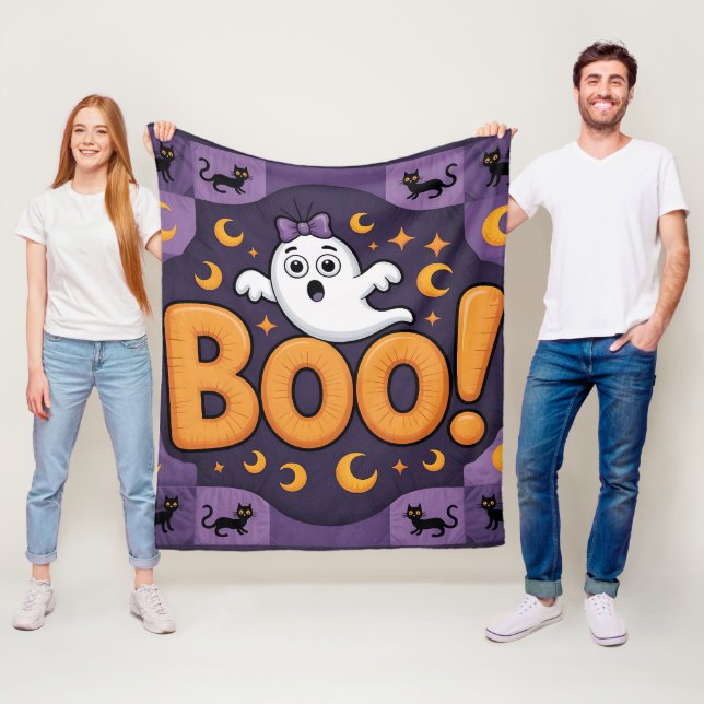 Playful Halloween Quilt, Fleece Blanket –Boo!  (In Situ)