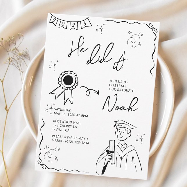 Playful Hand Drawn He Did It! Graduation Party Invitation (Creator Uploaded)