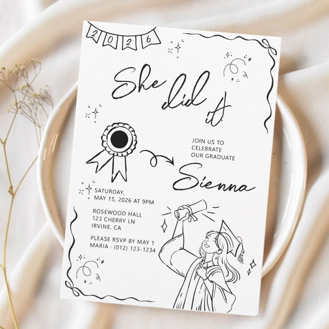 Playful Hand Drawn She Did It! Graduation Party Invitation (Creator Uploaded)
