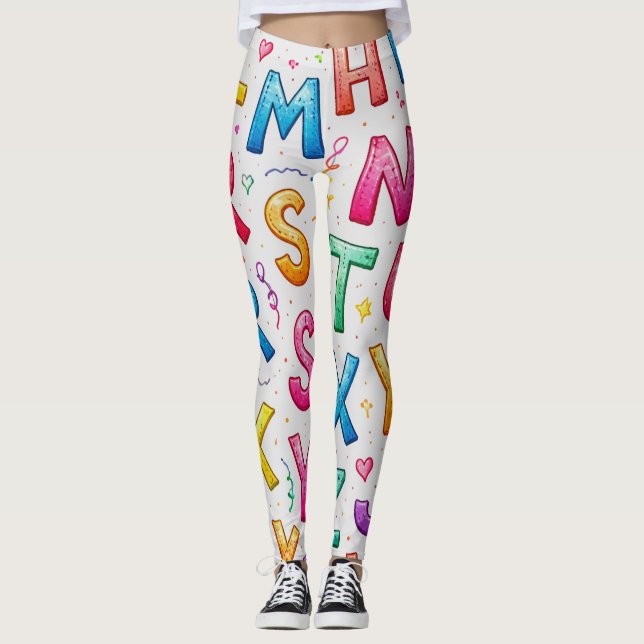 Playful Handwritten Alphabet Pattern Leggings (Front)