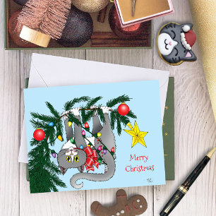 Playful Hanging Christmas Tree Gray Cat Card