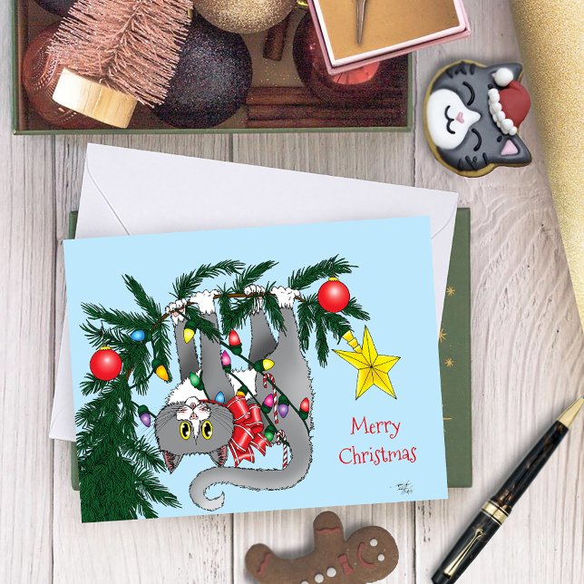 Playful Hanging Christmas Tree Gray Cat Card (Creator Uploaded)