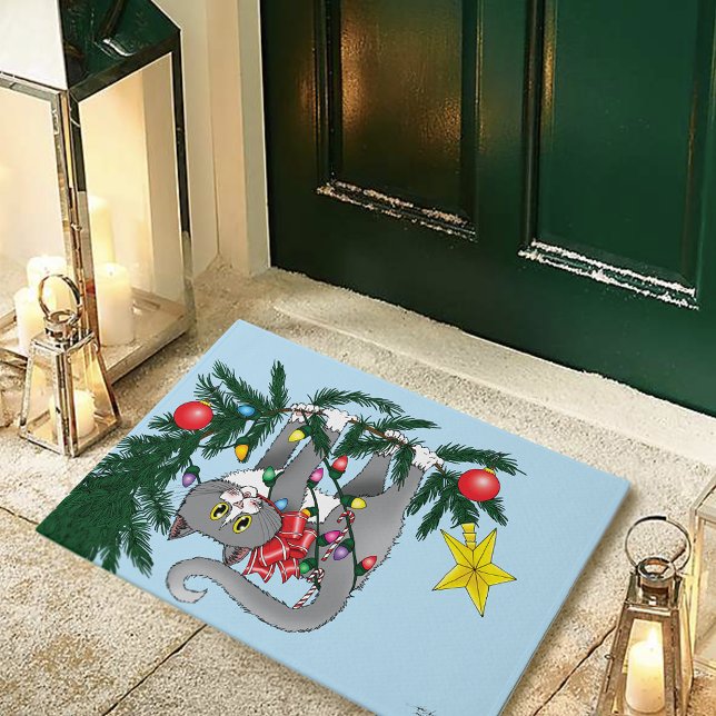 Playful Hanging Christmas Tree Gray Cat Doormat (Creator Uploaded)