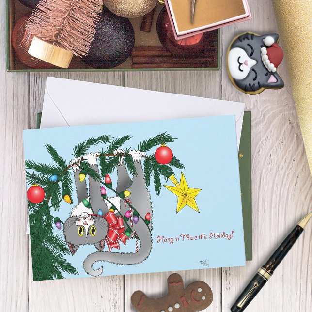 Playful Hanging Christmas Tree Gray Cat Holiday Card (Creator Uploaded)