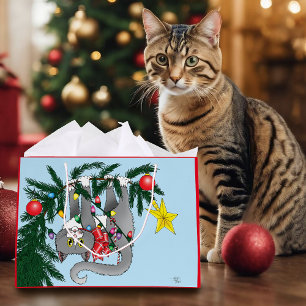 Playful Hanging Christmas Tree Gray Cat Large Gift Bag